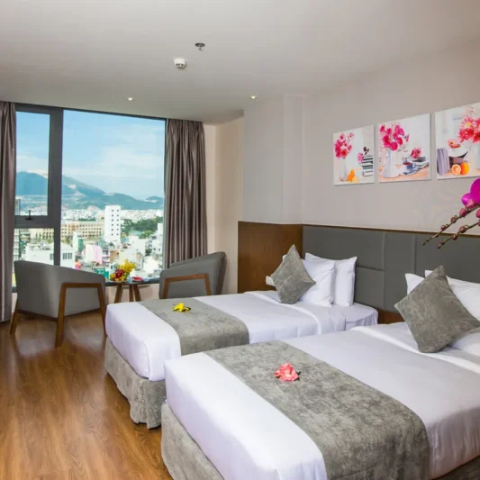 Deluxe City View room at DTX Hotel Nha Trang with modern design and city skyline