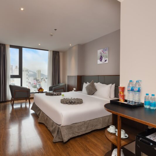 Superior City View room at DTX Hotel Nha Trang with modern design and city skyline view
